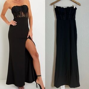 NWOT Sultry Persona Black Lace Strapless Bustier Mermaid Maxi Dress